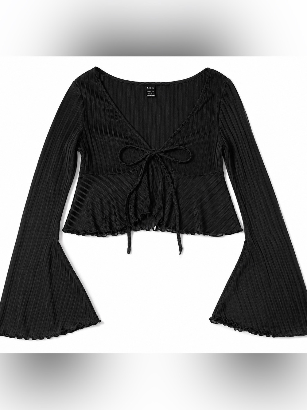 Black Sheer Ribbed Tie-Front Bell Sleeve Crop Top | Size XS